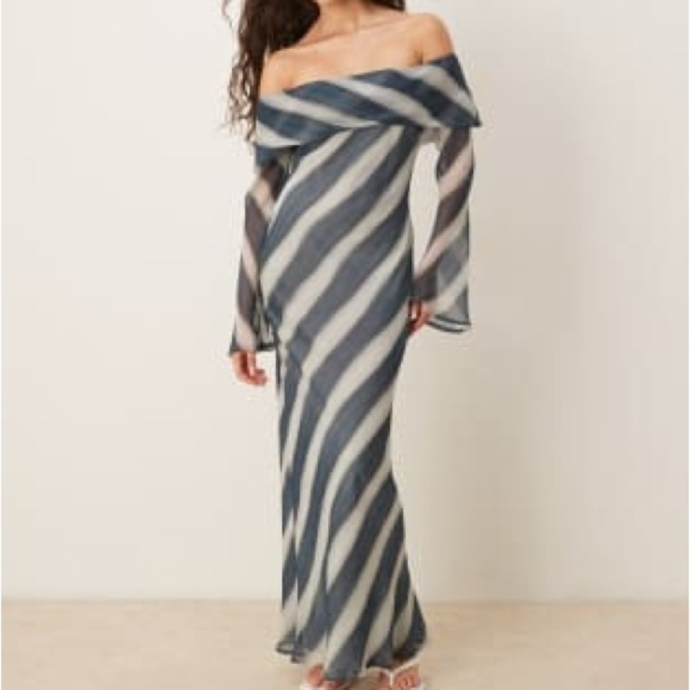 ASOS DESIGN fold over bardot midi dress in blue stripe print Size US 8